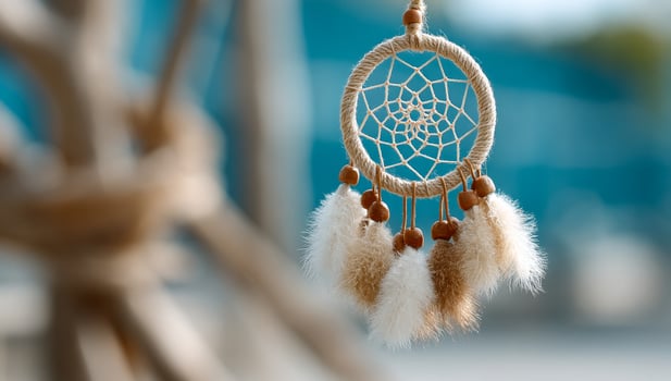 Dream catcher hanging in bright sunlight. A dream catcher dangles from a tree branch, softly illuminated by sunlight, with feathers swaying gently in the breeze. photo