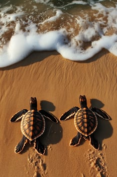 Turtle Hatchlings Making Their Way to the Ocean on a Sandy Beach at Sunrise photo