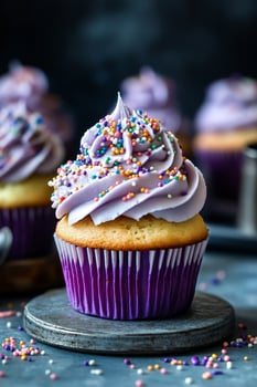 Purple cupcake with colorful sprinkles photo