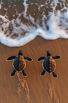 Two Baby Turtles Making Their Way to the Ocean at Sunset on a Sandy Beach photo
