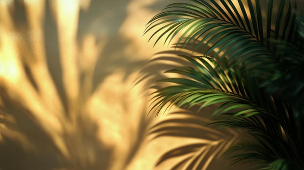 Shadows of Tropical Leaves Creating an Artistic Display on a Wall at Sunset photo