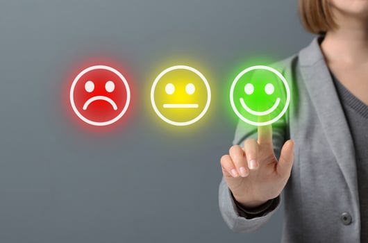 Customer excellent rating concept. Business woman giving the best rating for satisfaction survey, gray background photo