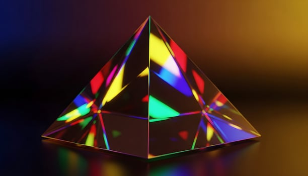 Crystal geometric pyramid with vibrant neon color reflections on black background with warm gradient and bokeh effect photo