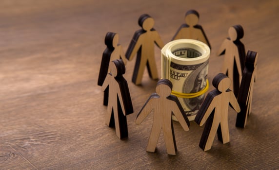 Mass collaboration around dollars deciding to crowdfunding, panorama, copy space photo