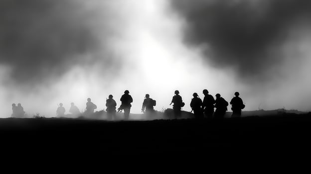 Silhouetted Army in Smoky Battlefield photo