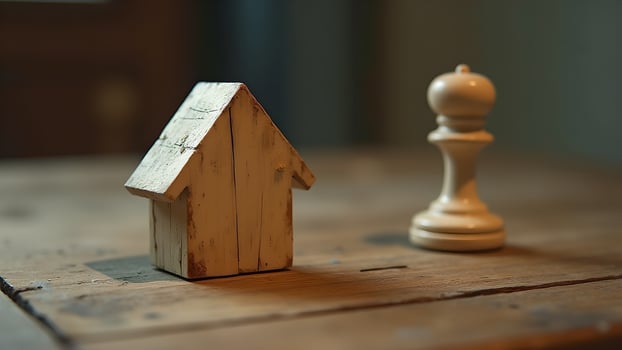 The wooden house and the chess piece, a concept of game of property and investment and estate photo
