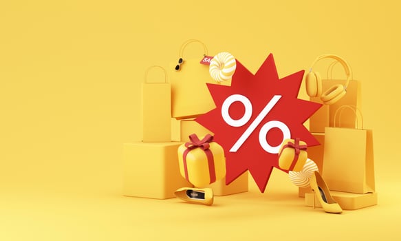 Minimal 3D composition with shopping bags, gifts, red percent symbol, and headphones representing discounts and sales. 3d rendering. photo