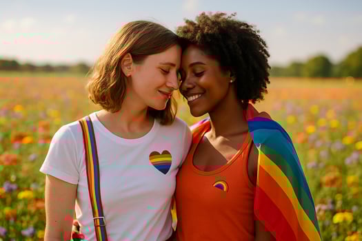 image of an interracial lesbian couple sharing a tender moment in a sunny flower field with rainbow symbols and a soft bokeh background expressing love and unity photo