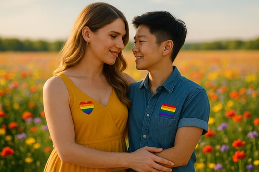 image of a transgender woman and tomboy partner sharing a tender moment in a colorful flower field under warm sunlight with rainbow symbols expressing love and inclusion photo