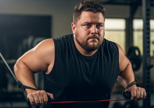 A man is holding a resistance band in the gym photo