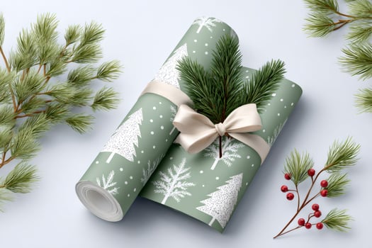 Christmas wrapping paper with fir tree branches and ribbon on light blue background photo