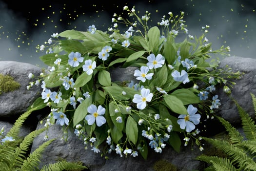 Wreath of forget-me-nots blooming on rocks at night with fireflies photo