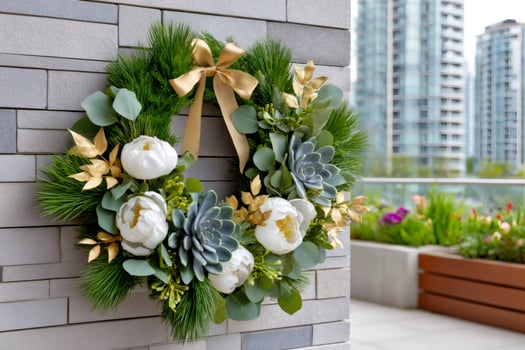 Christmas wreath with white peonies, succulents and golden leaves hanging on a gray brick wall photo