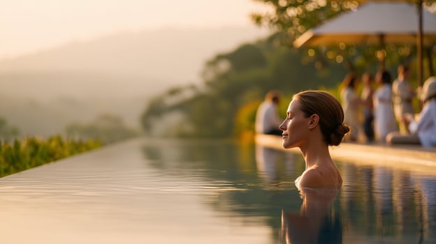 Spa wellness woman relaxing in luxury infinity pool at sunset resort. Tranquil tropical vacation retreat with golden hour lighting, mountains view. Perfect relaxation escape destination. photo