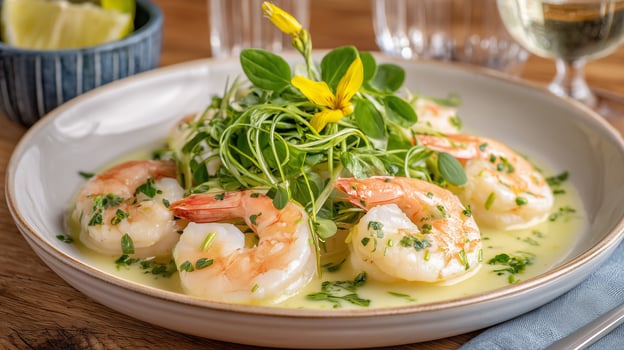 Plate of shrimp garnished with herbs photo