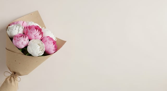 A charming bouquet of pink and white ranunculus wrapped in craft paper photo