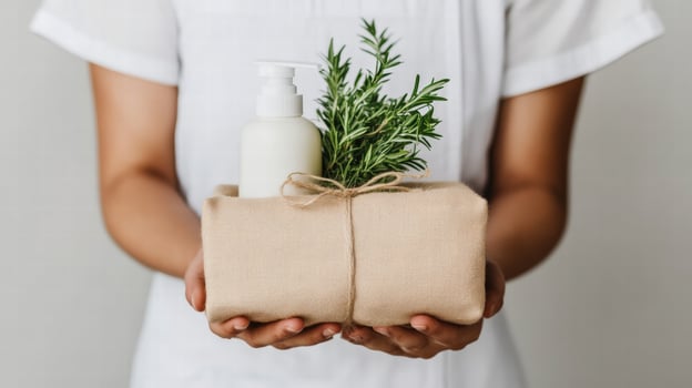 Eco friendly skincare product with fresh rosemary and towel held by person photo