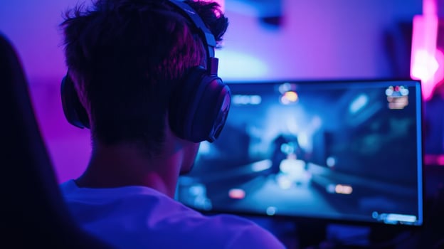 Young man playing game on computer with headphones in colorful room lighting photo