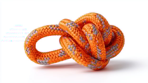 Orange Climbing Rope Tied in Complex Knot for Mountain Adventure and Rock Climbing photo