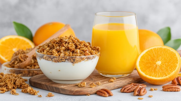 Granola bowl and orange juice photo