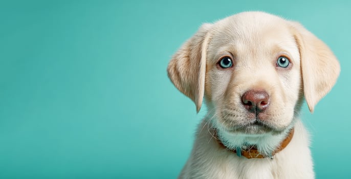Playful puppy with blue eyes poses against a bright turquoise background in a charming indoor setting photo