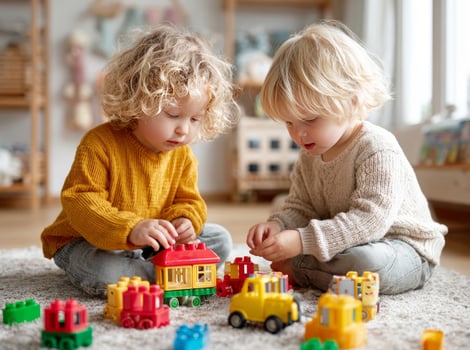 Two young children play with colorful building blocks in a cozy living room on a sunny afternoon photo