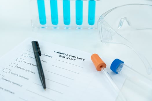 Chemical substance check list for chemical food residues in laboratory. Control experts inspect quality of fruits, vegetables. lab, find prohibited substances, contaminate. Microscope. photo