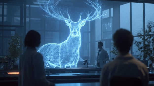 This Scientists analyze holographic representations of extinct animals in a futuristic lab setting. photo