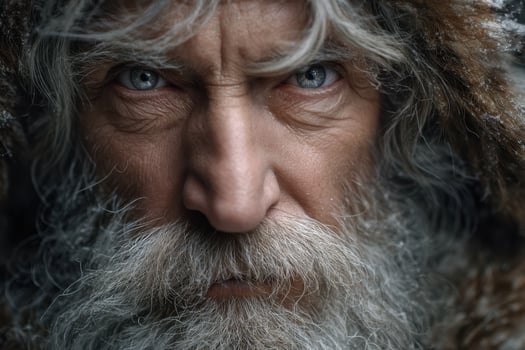 Elderly man with piercing blue eyes and a thick beard wearing fu photo