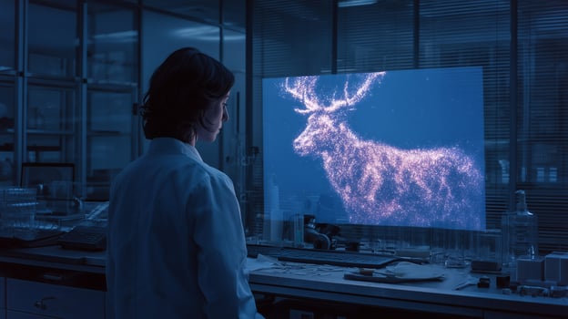 This scientist observes a digital representation of an extinct deer species in a high-tech laboratory. photo