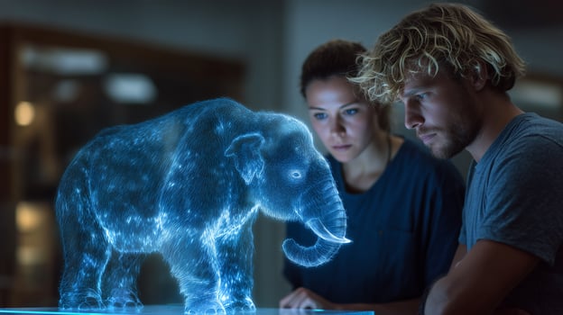 This Visitors engage with a hologram of a mammoth while learning about extinct animals and their history. photo