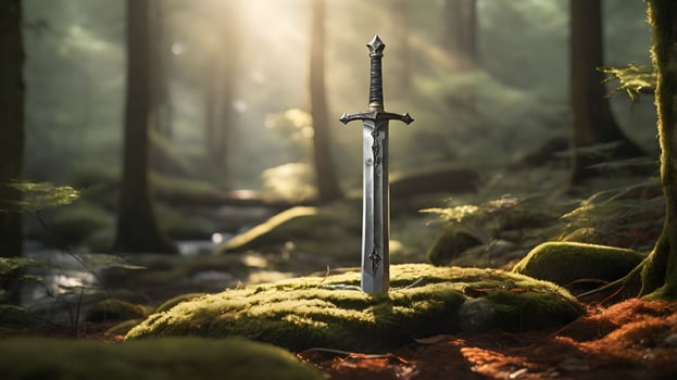 Medieval Sword Standing on Mossy Ground in a Sunlit Forest photo