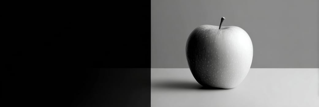 Grayscale Composition Showcasing a Single Colored Apple Against a Minimalist Backdrop With Striking Contrast and Empty Space on the Right photo