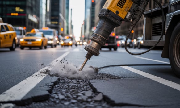 Pneumatic jackhammer breaking asphalt on urban street during road construction photo