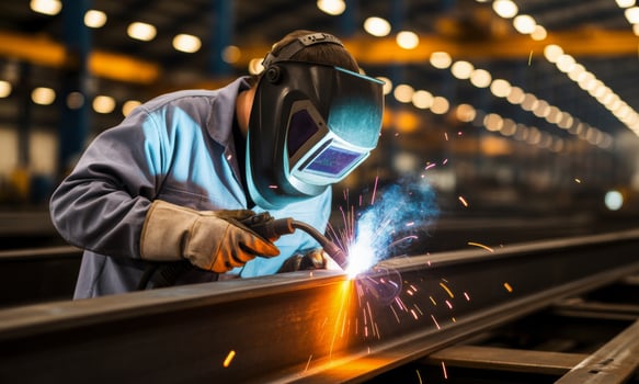 Skilled industrial welder in protective mask and gloves joining metal beams with bright sparks photo