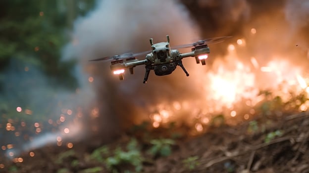 Drone flying and recording forest fire with blurred flames and smoke in background photo