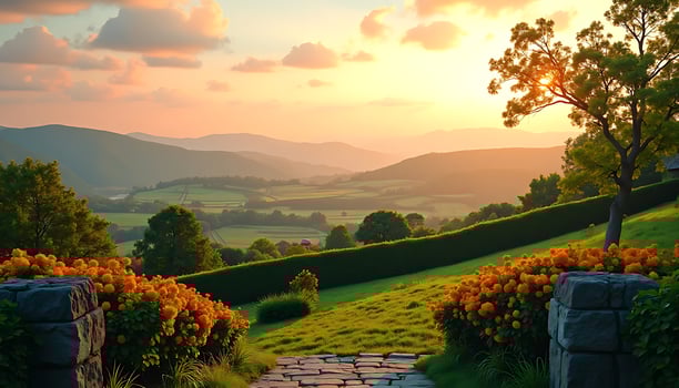Scenic Mountain Landscape at Sunrise with Stone Path and Orange Flowers photo