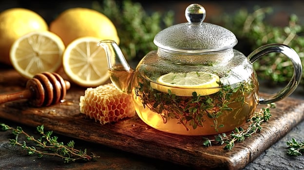 Herbal tea brewing in glass teapot with thyme, honey and lemon on wooden board photo