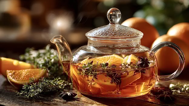 Steaming glass teapot brewing fresh orange and thyme herbal infusion photo