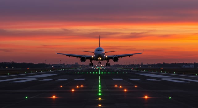 A Commercial Airliner Arriving at an Airport against a Fiery Sky. photo