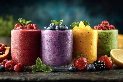 Colorful smoothies decorated with fresh fruits and mint leaves photo