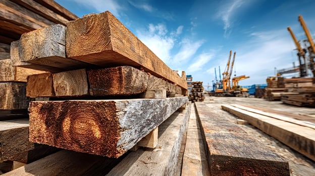 Stacked lumber awaiting shipment at a bustling port photo