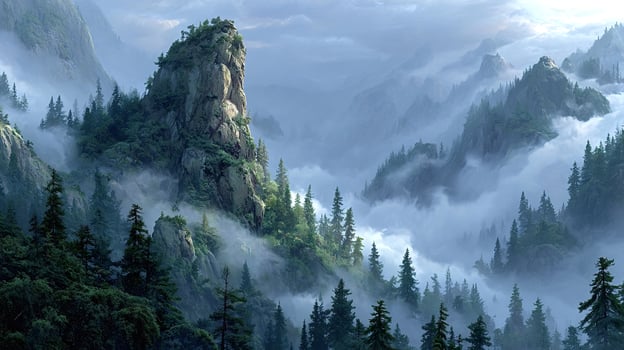Fog is covering majestic mountains and pine trees forest photo