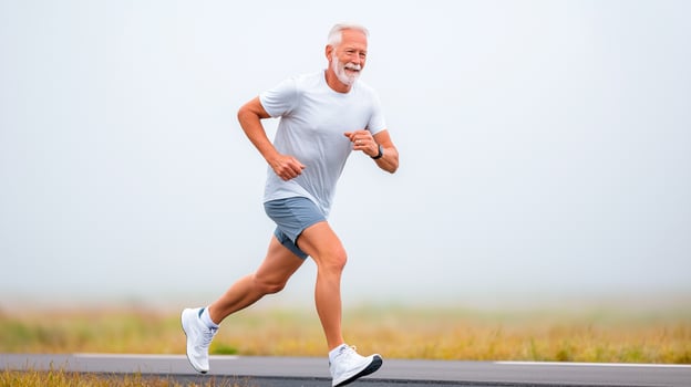 Active senior man running jogging on outdoor road during morning exercise. Healthy mature elderly fitness lifestyle with smiling happy runner in white shirt and sneakers showing vitality. photo