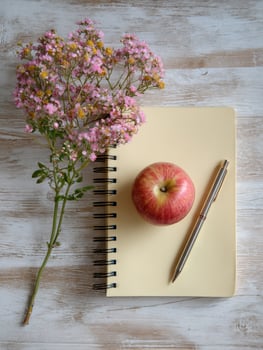 Flat Lay of a Teachers Desk With a Notebook, Pen, Apple, and Fresh Flowers for a Cozy Workspace photo