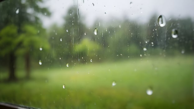 Rain-Streaked Window Reveals Blurred Green Landscape photo
