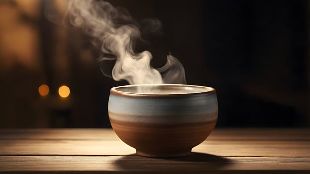 Steaming ceramic bowl with brown and blue glaze on wooden table in dark setting photo