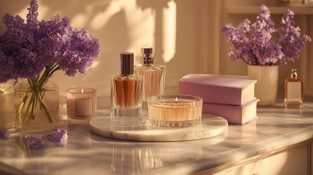 Perfumes candles lilac flowers decor photo