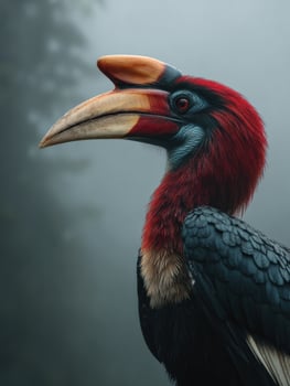 Profile of a Helmeted Hornbill in Misty Rainforest, Showcasing Vibrant Plumage and Majestic Presence Among Lush Greenery photo
