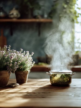 Warm Herbal Tea Pot Steams in Cozy Kitchen Filled With Plants and Natural Light During a Quiet Morning photo
